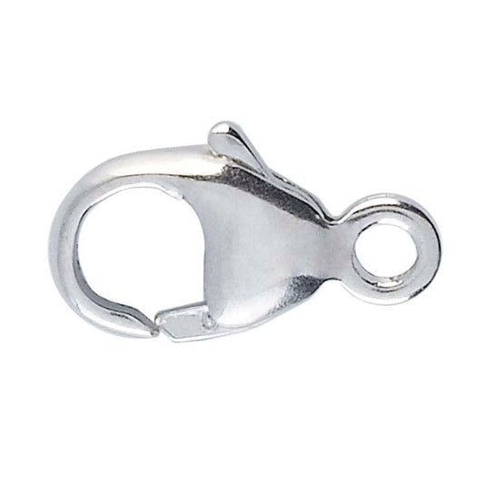 Zapięcie typu karabińczyk z białego złota 18K o wymiarach 9,3 x 5,7 mm, pokryte rodem, z zamkniętym oczkiem