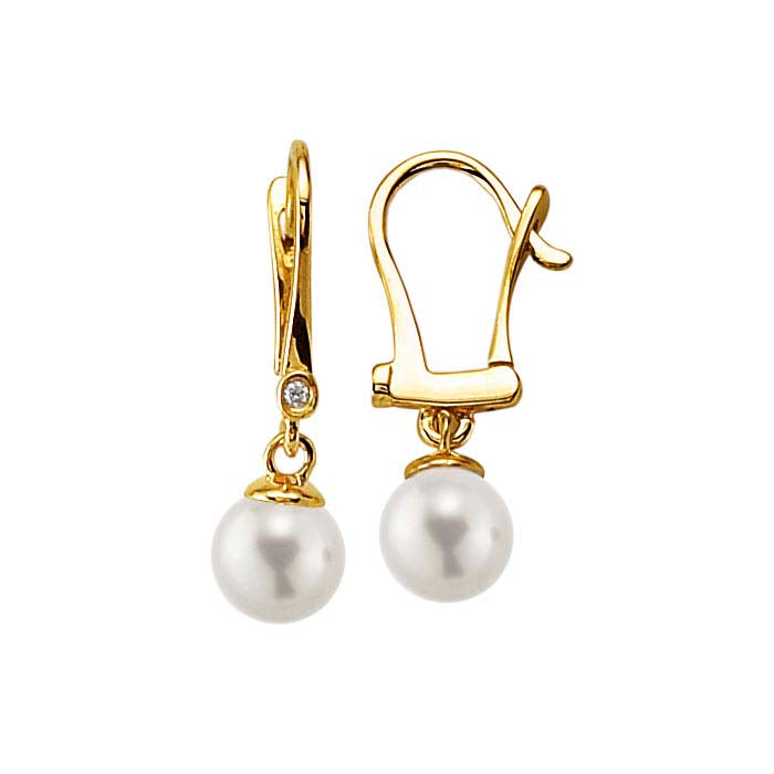 14K Yellow Gold Diamond-Set Lever-Back Pearl Ear Wire Mounting