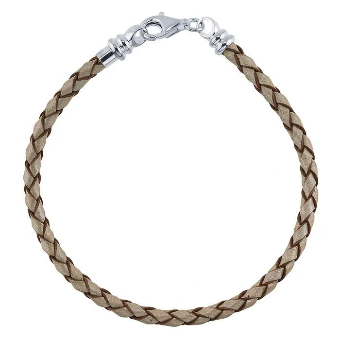 Pearl-Color Leather Braided Cord Bracelet with Sterling Silver Threaded End Cap