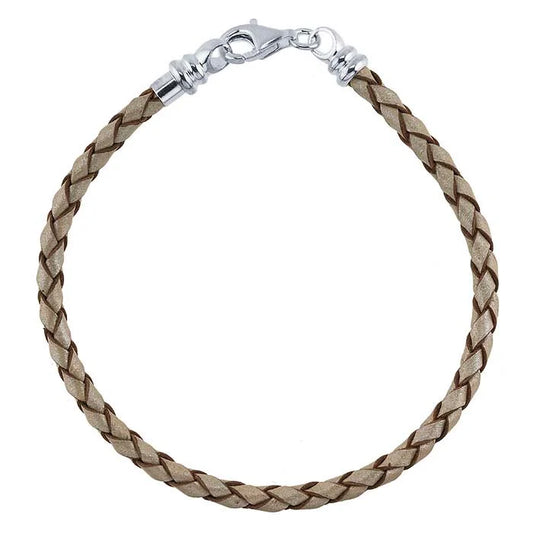 Pearl-Color Leather Braided Cord Bracelet with Sterling Silver Threaded End Cap
