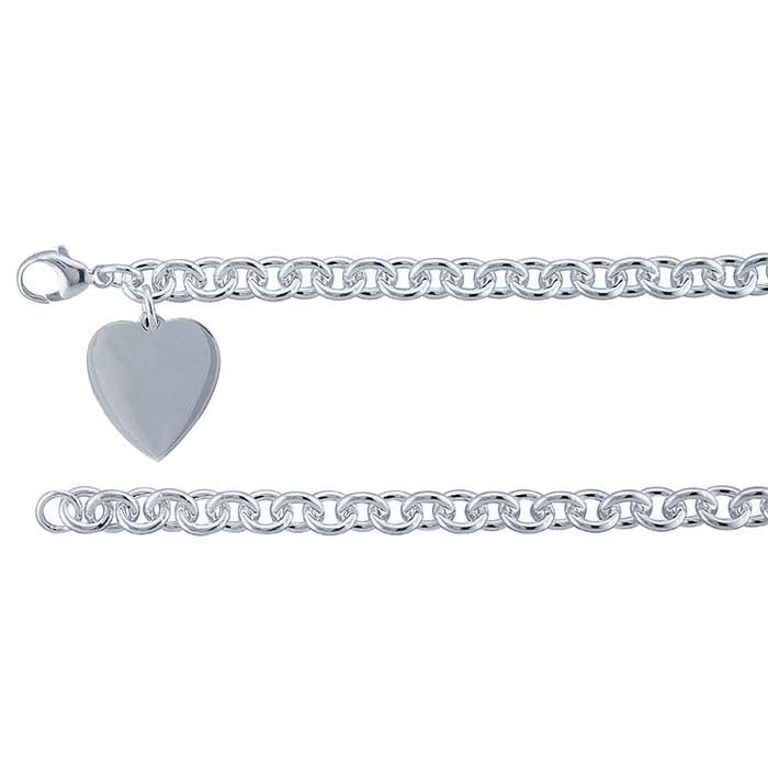 Sterling Silver 7.7mm Cable Chain Bracelet with Heart Plaque