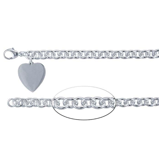 Sterling Silver 7.7mm Cable Chain Bracelet with Heart Plaque