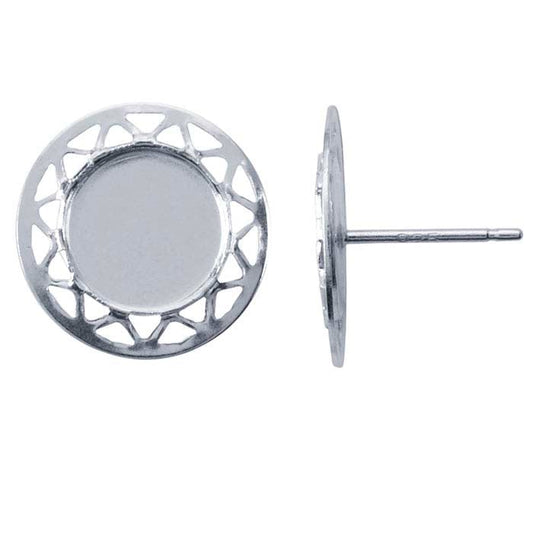 Sterling Silver 8mm Round Cabochon Geometric-Edge Post Earring Mounting