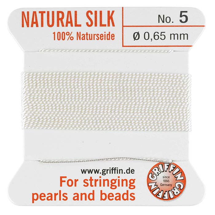 Griffin™ White Silk Bead Cords, Carded with Needle
