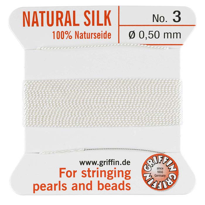 Griffin™ White Silk Bead Cords, Carded with Needle