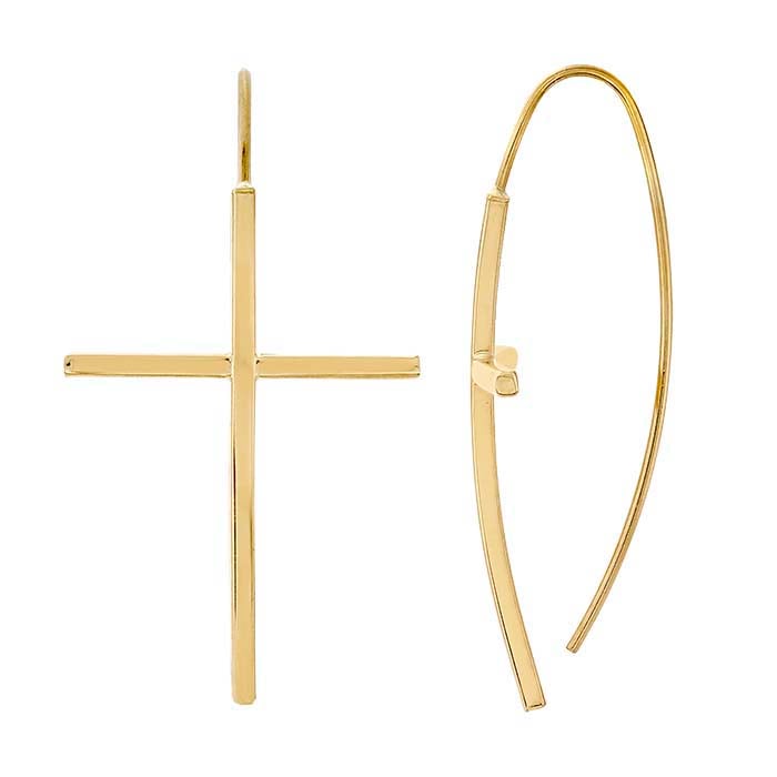 14K Yellow Gold Curving Cross Ear Wire Earrings