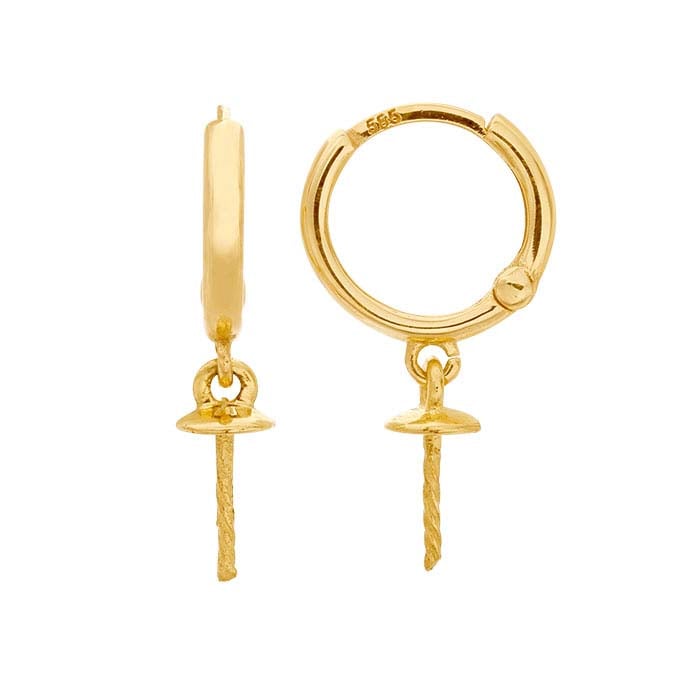 14K Yellow Gold Huggie Hoop Earring with Pearl Mounting Dangle