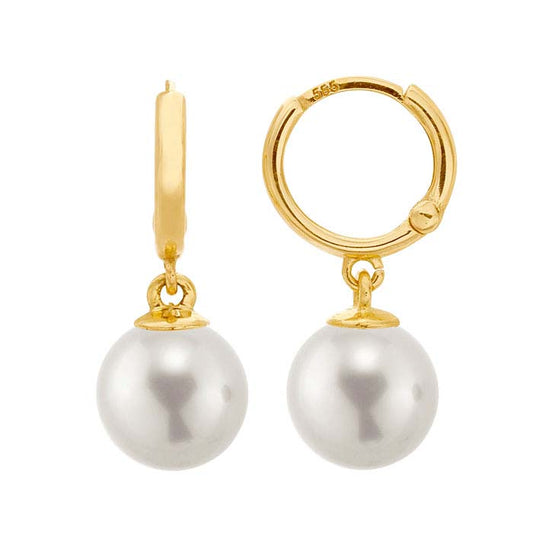 14K Yellow Gold Huggie Hoop Earring with Pearl Mounting Dangle
