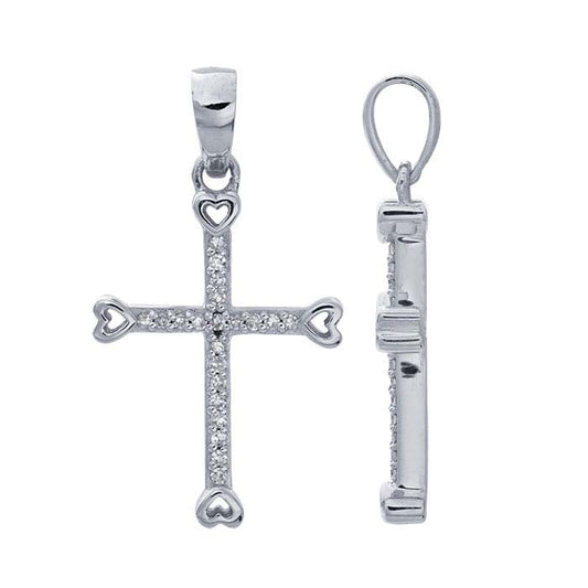 14K White Gold Diamond-Set Cross with Hearts Pendant