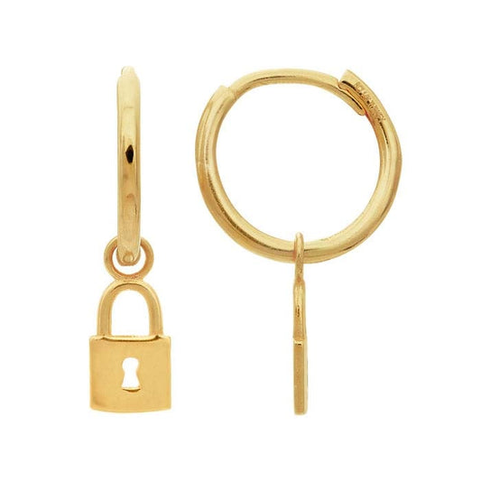 14K Yellow Gold Huggie Hoop Earrings with Padlock