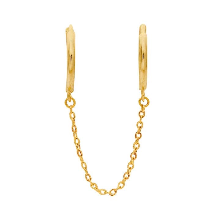 14K Yellow Gold Double Huggie Earrings with Chain
