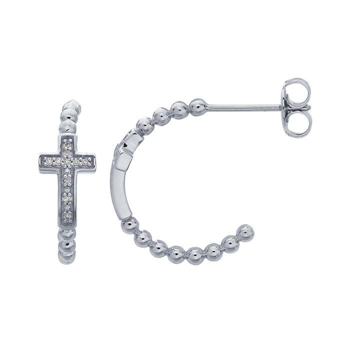 14K White Gold Cross Bead Wire 3/4-Hoop Earrings