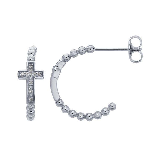 14K White Gold Cross Bead Wire 3/4-Hoop Earrings