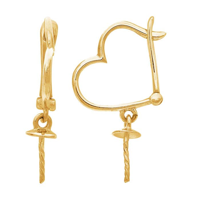 14K Yellow Gold Heart Hoop Earrings with Pearl Mounting