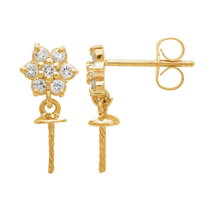 14K Yellow Gold Diamond-Set Flower Post Earrings with Pearl Peg