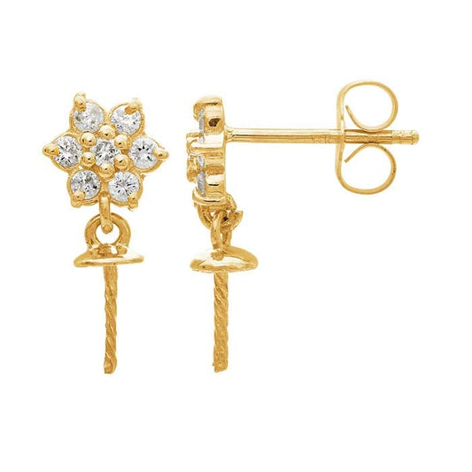 14K Yellow Gold Diamond-Set Flower Post Earrings with Pearl Peg