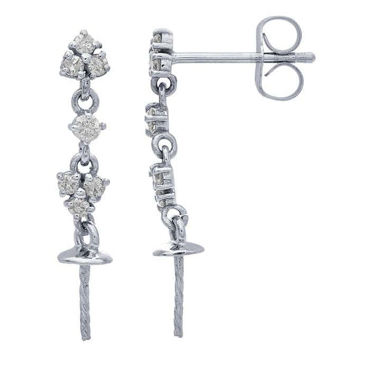 14K White Gold Diamond-Set Cluster Dangle Post Earrings with Pearl Peg