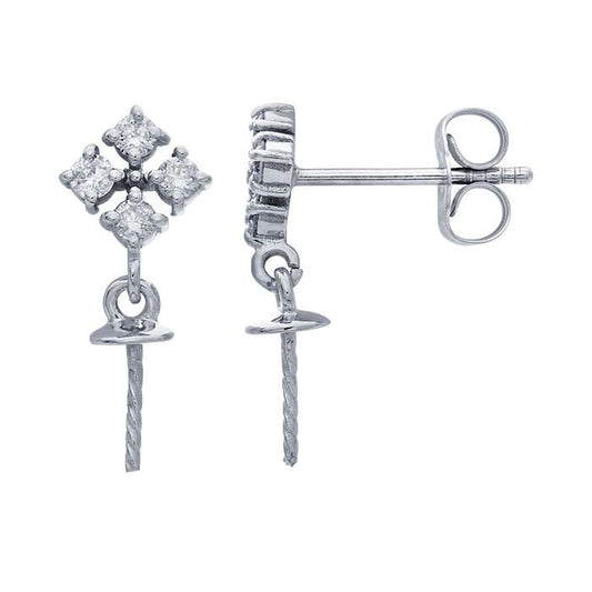 14K White Gold Diamond-Set Post Earrings with Pearl Peg