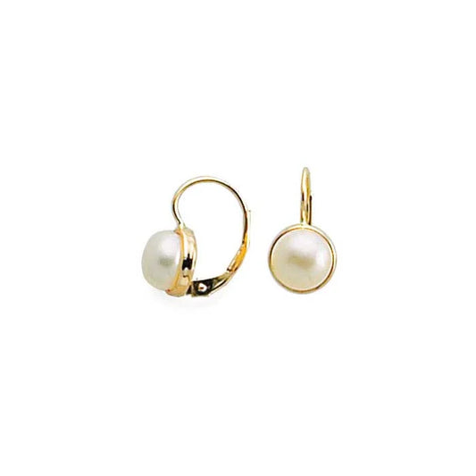 14K Yellow Gold Lever-Back Ear Wire White Freshwater Button Pearl-Set Earrings