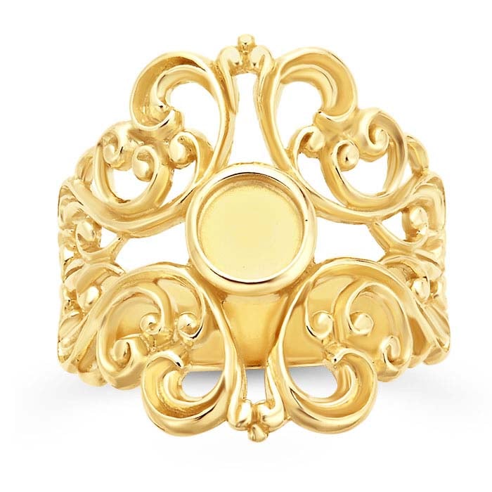 14K Yellow Gold Filigree Round Cabochon Ring Mounting