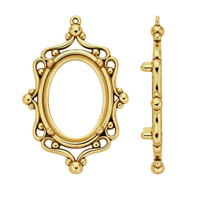 14K Yellow Gold 30 x 22mm Oval Cameo/Cabochon Filigree Pendant Mounting