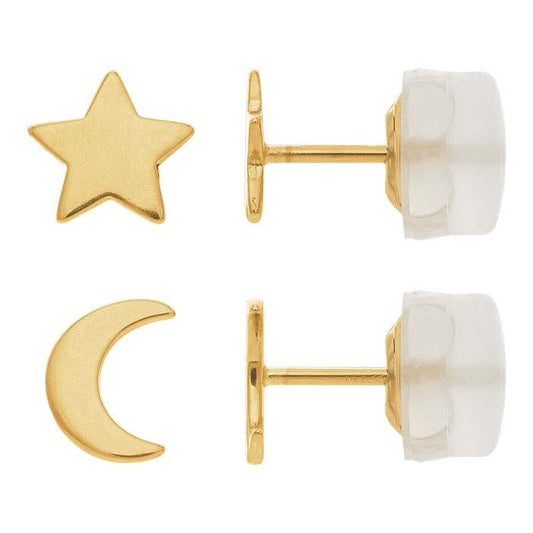 Set di Orecchini a Perno Luna e Stella in Oro Giallo 14K