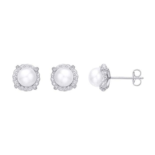 14K White Gold Lab-Grown Diamond & Pearl-Set Halo Post Earrings