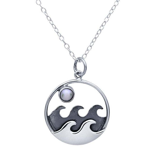 Sterling Silver Waves and Pearl Moon Necklace