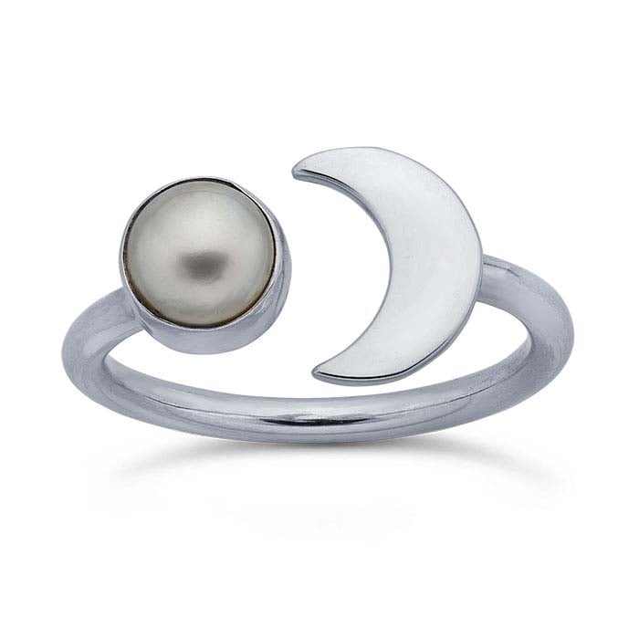 Sterling Silver Pearl & Crescent Moon Ring, Adjustable