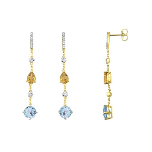 Sterling Silver Yellow Gold-Plated Lab-Grown Citrine-, Blue Topaz- & Diamond-Set Post Earrings