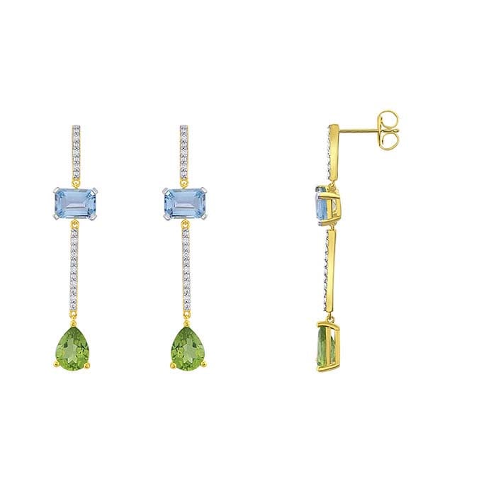 Sterling Silver Lab-Grown Blue Topaz-, Peridot- & Diamond-Set Post Earrings