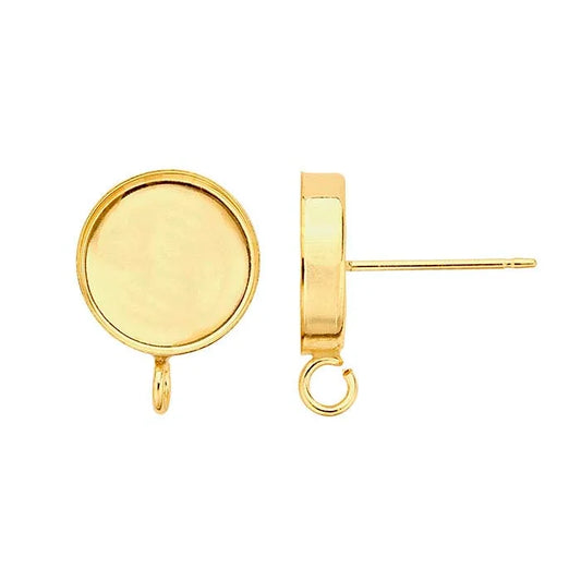 14/20 Yellow Gold-Filled Round Cabochon Post Earring Mountings with Open Ring