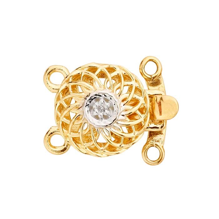 14K Yellow Gold Diamond-Set Filigree Round Safety Clasp, 2-Strand