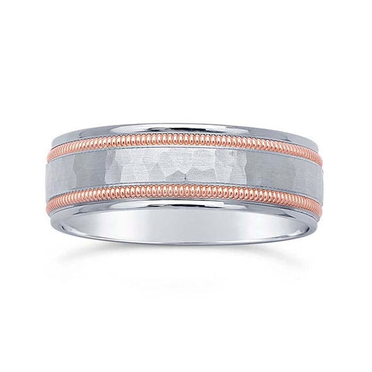 Nordt 14K White Gold 7mm Hammered Wedding Band with Rose Gold Millgrain Edges