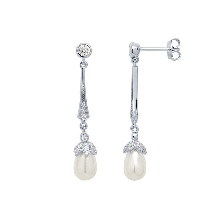 Sterling Silver CZ-Set White Freshwater Pearl Drop Post Earrings
