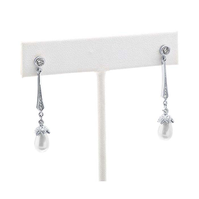 Sterling Silver CZ-Set White Freshwater Pearl Drop Post Earrings