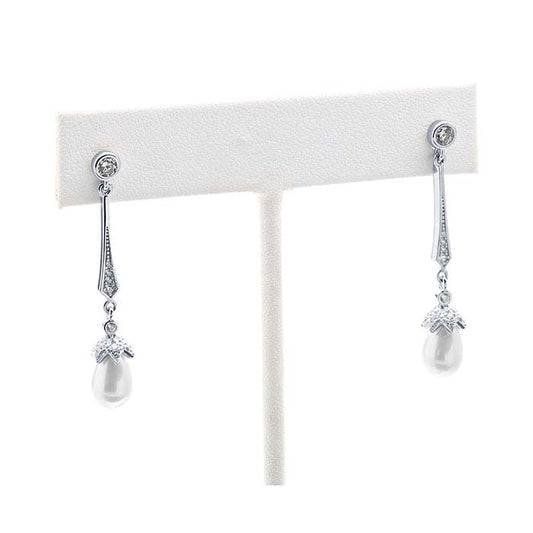 Sterling Silver CZ-Set White Freshwater Pearl Drop Post Earrings