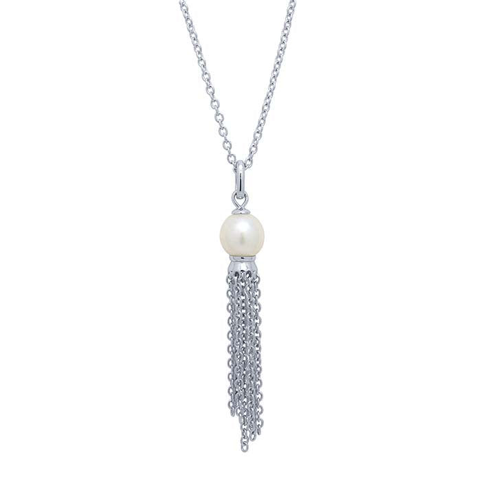 Sterling Silver White Freshwater Shell Pearl Drop Necklace with Tassel