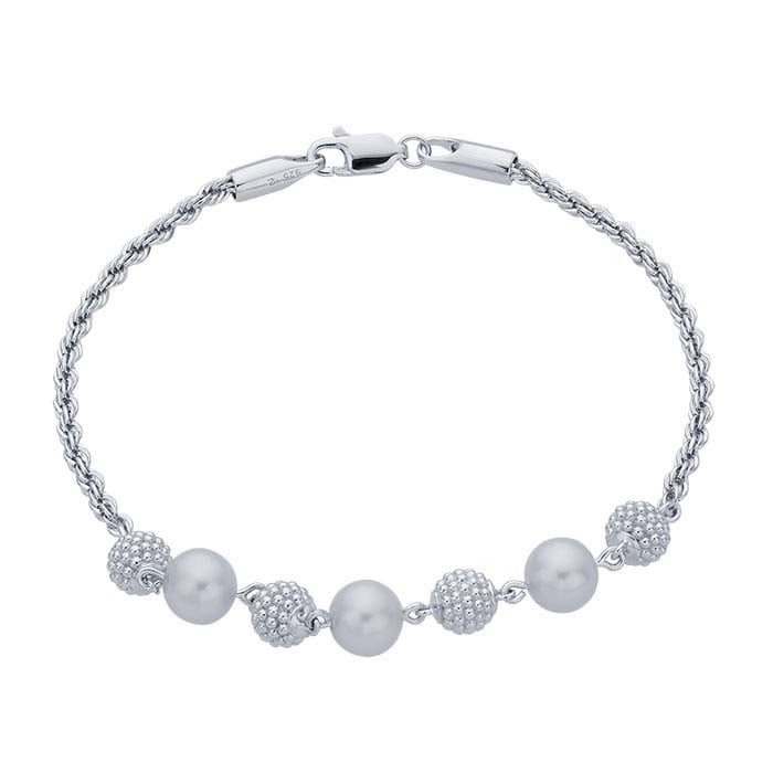 Sterling Silver Diamond-Cut Rope Chain Bracelet with Pearls