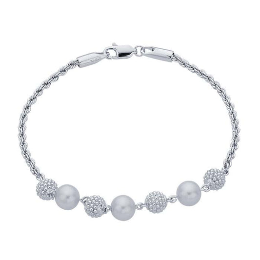 Sterling Silver Diamond-Cut Rope Chain Bracelet with Pearls