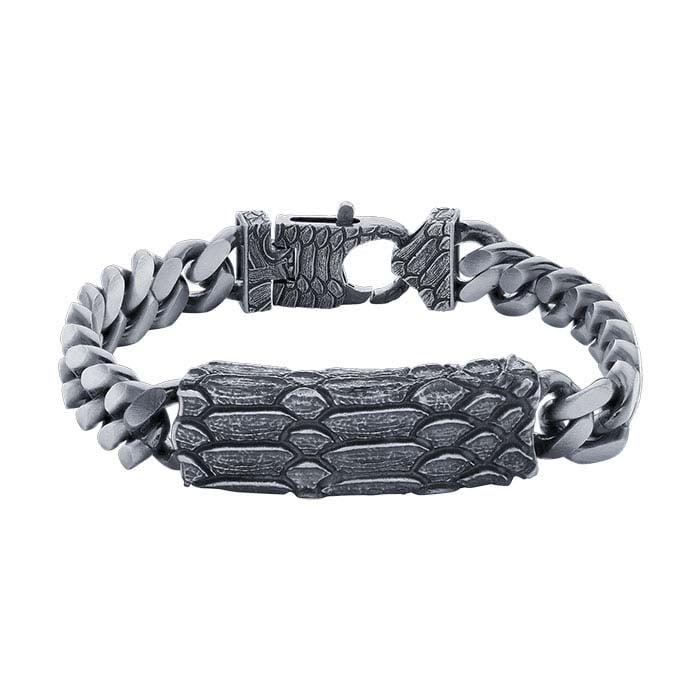 Sterling Silver Oxidized Curb Chain Bracelet with Snake Pattern