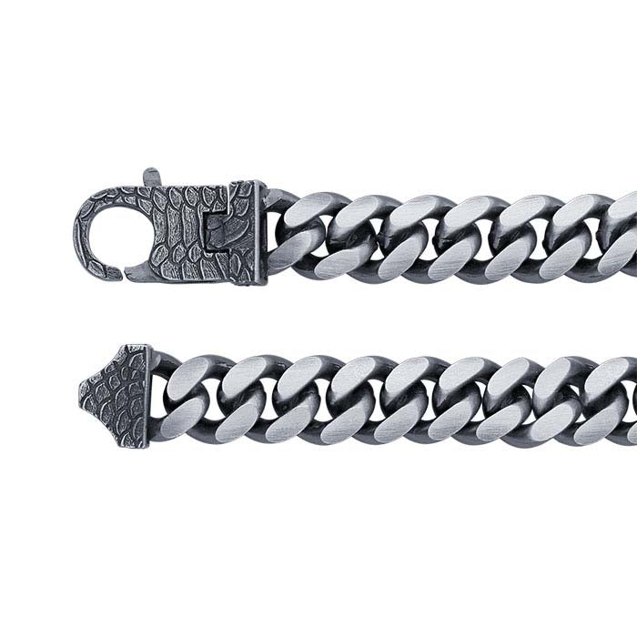 Sterling Silver Oxidized Curb Chain Bracelet with Snake Pattern