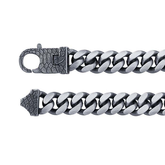 Sterling Silver Oxidized Curb Chain Bracelet with Snake Pattern