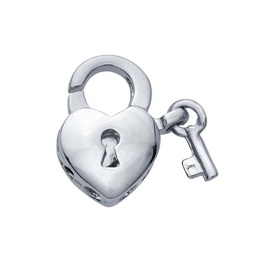 Sterling Silver 11 x 9.6mm Puffed Heart Lock with Key Lobster Clasp