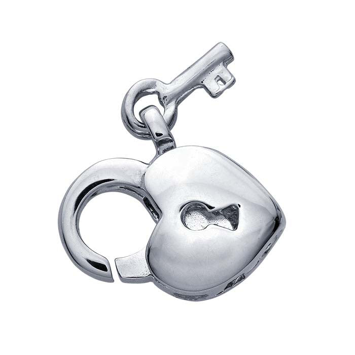 Sterlingsilver 11 x 9,6 mm Uppblåst hjärtformat lås med nyckel och karbinhake