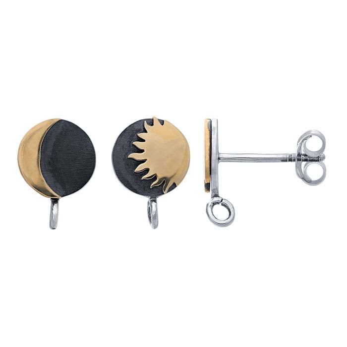 Sterling Silver Bronze Sun & Moon Post Earring with Ring