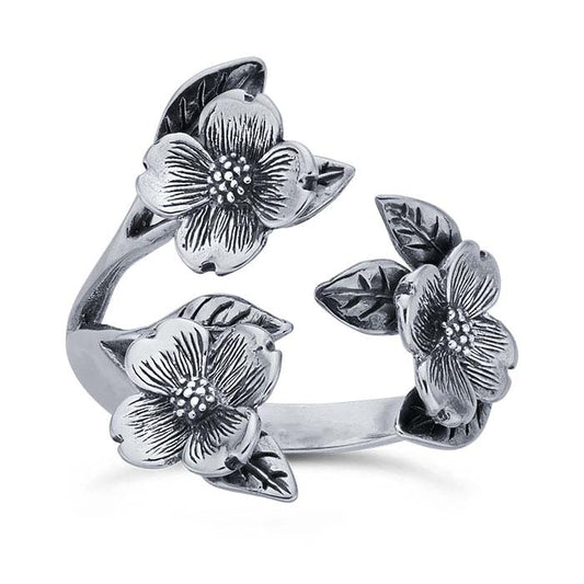 Sterling Silver Dogwood Flowers Bypass Ring, Adjustable