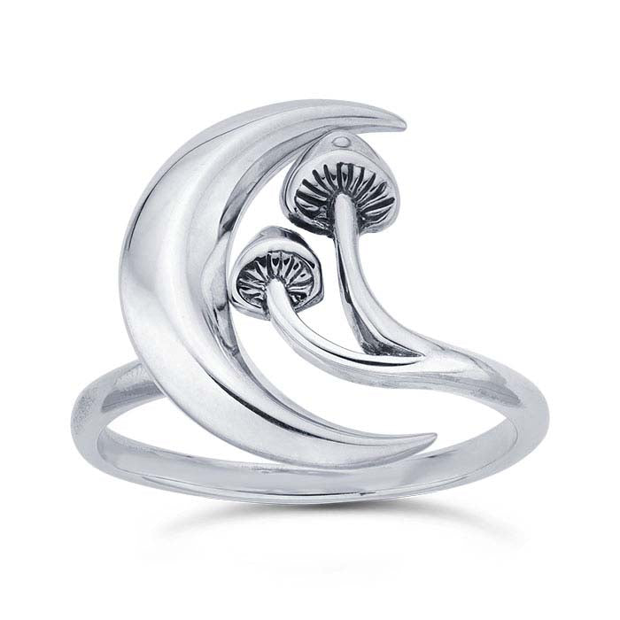 Sterling Silver Moon & Mushroom Bypass Ring, Adjustable
