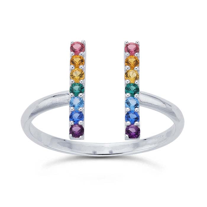 Sterling Silver Bar Nanogem-Set Bypass Ring, Adjustable