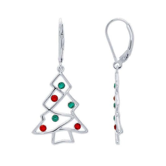 Sterling Silver CZ-Set Christmas Tree Lever-Back Earrings